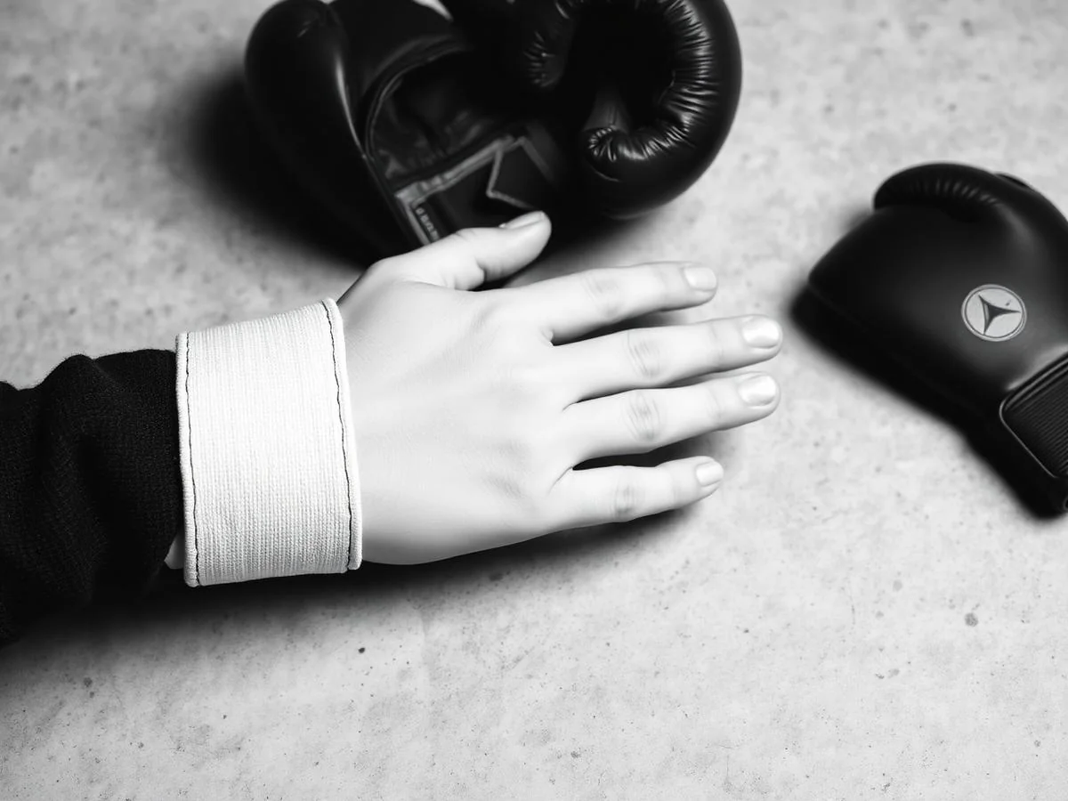 Bandagem sendo colocada na mão ao lado de luvas de boxe pretas